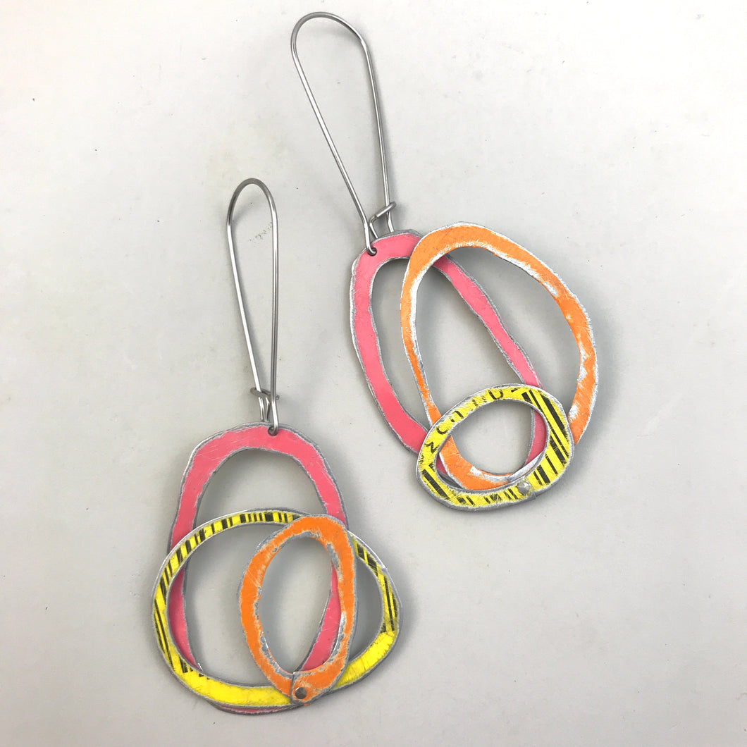 Pink, Orange & Yellow Smaller Scribbles Upcycled Tin Earrings