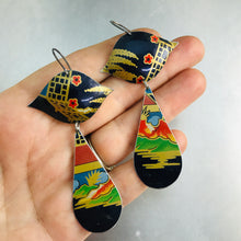 Load image into Gallery viewer, Mixed Chinoiserie Patterns on Midnight Blue Zero Waste Tin Earrings