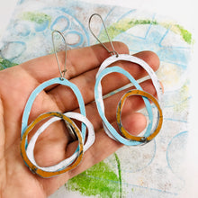 Load image into Gallery viewer, White, Soft Blue, Aged Persimmon Scribbles Upcycled Tin Earrings