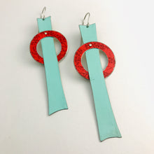 Load image into Gallery viewer, Mod Aqua Red Orbit Upcycled Tin Earrings