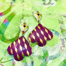 Load image into Gallery viewer, Golden Harlequins on Plum Trefoil Upcyled Tin Earrings