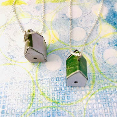 RESERVED Tiny White Birdhouses Boho Upcycled Tin Necklace