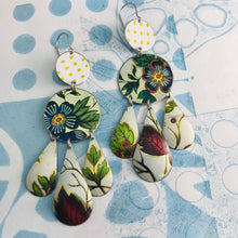 Load image into Gallery viewer, Green Leaves &amp; Flowers in White Zero Waste Tin Chandelier Earrings