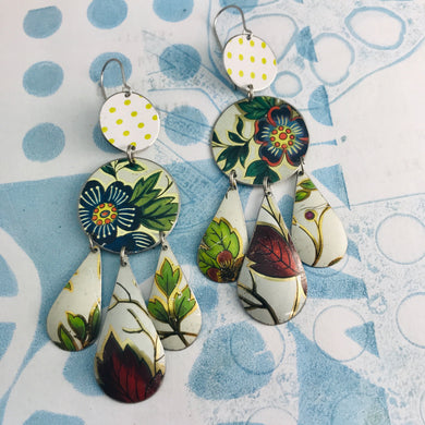 Green Leaves & Flowers in White Zero Waste Tin Chandelier Earrings