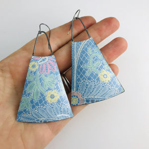 White Lace Over True Blue Upcycled Vintage Tin Earrings