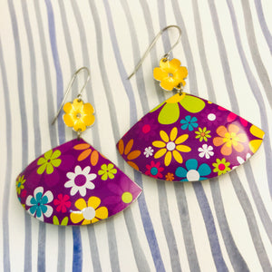 Bright Flowers on Purple Fans Upcycled Tin Earrings