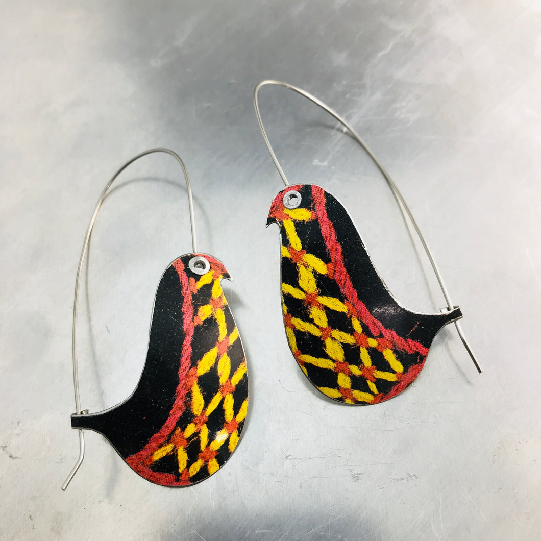 Embroidered Lattice Birds on a Wire Upcycled Tin Earrings