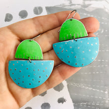 Load image into Gallery viewer, Aqua and Snap Pea Upcycled Tin Boat Earrings