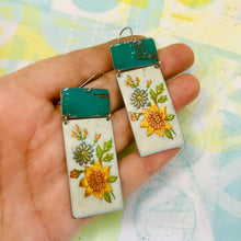Load image into Gallery viewer, Vintage Flowers &amp; Turquoise Recycled Tin Earrings 30th Birthday Gift