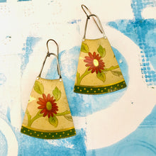 Load image into Gallery viewer, Red Gerber Daisies &amp; Polka Dots Upcycled Tin Long Fans Earrings