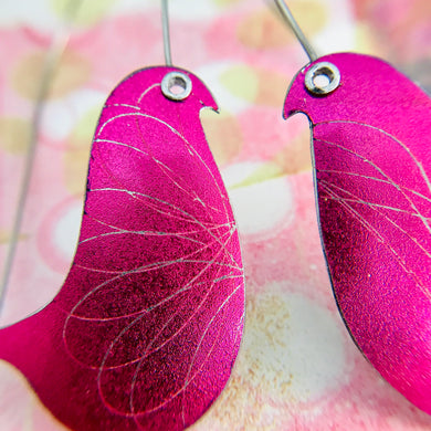 Shimmery Bright Pink Spirograph Birds on a Wire Upcycled Tin Earrings