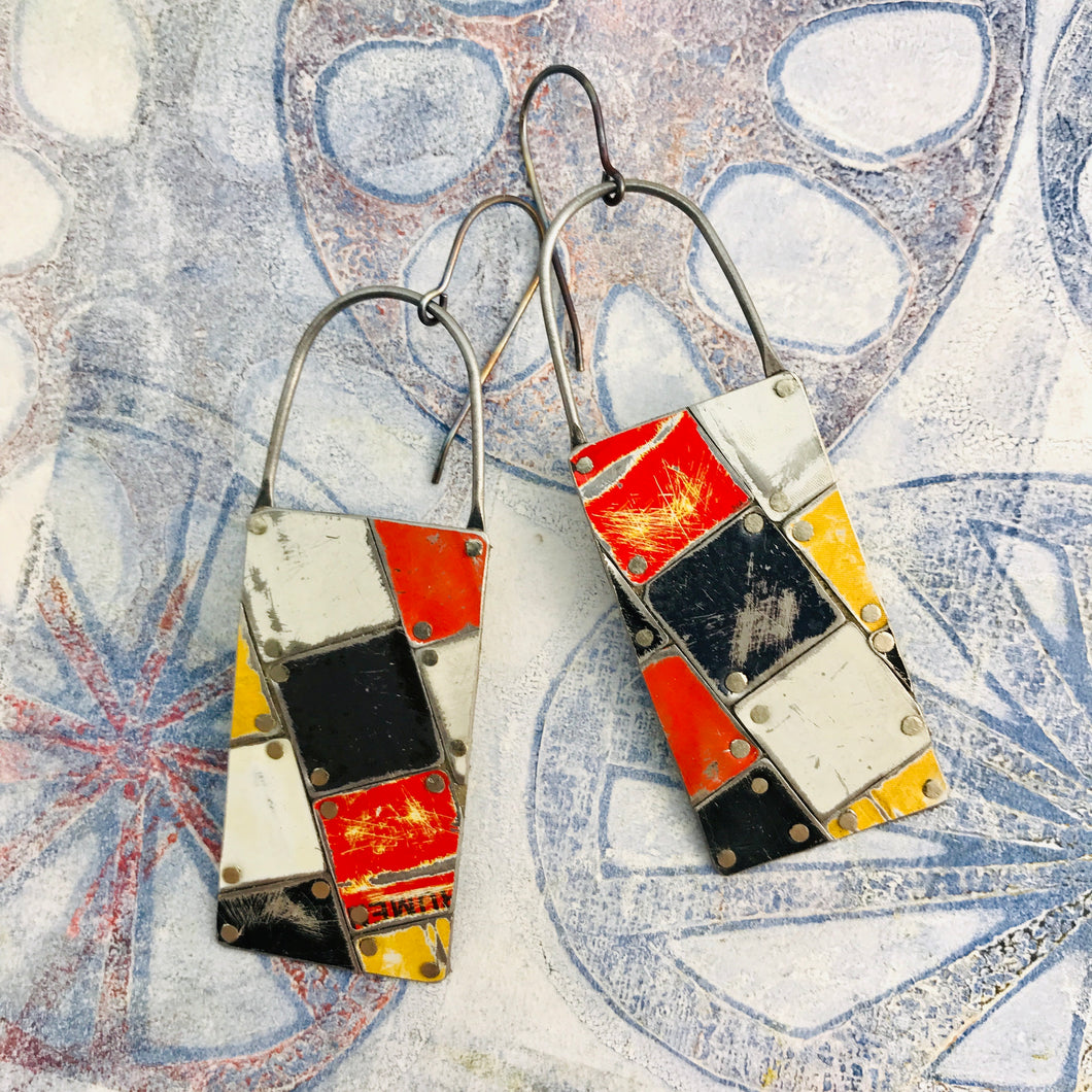 Black, White, Red & Pops of Yellow Tesserae Arched Wire Tin Earrings
