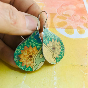 Big Blossoms on Green Upcycled Teardrop Tin Earrings