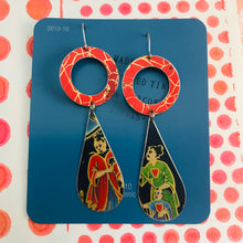 Load image into Gallery viewer, Red Ring Japanese Family Upcycled Vintage Tin Long Teardrops Earrings