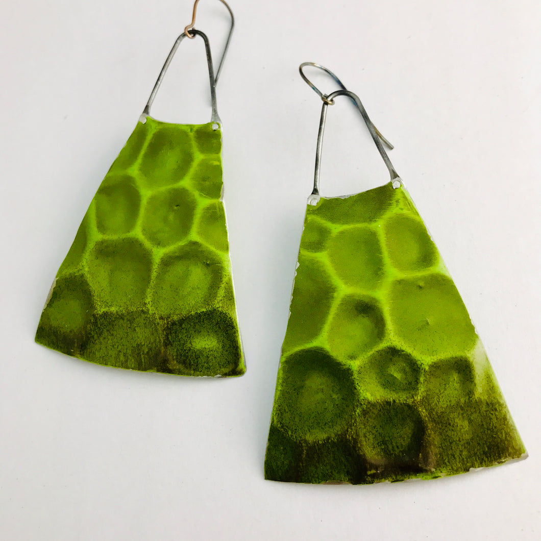 Sap Green Textured Upcycled Vintage Tin Long Fan Earrings