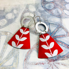 Load image into Gallery viewer, Mod White Leaves on Bright Red Small Fans Tin Earrings