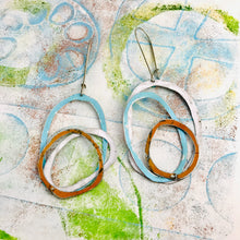 Load image into Gallery viewer, White, Soft Blue, Aged Persimmon Scribbles Upcycled Tin Earrings