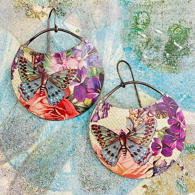 Butterflies & Violets Circles Upcycled Tin Earrings