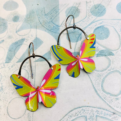 Chartreuse & Magenta Small Butterflies Upcycled Tin Earrings