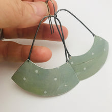 Load image into Gallery viewer, Pale Celadon White Dots Large Fan Recycled Tin Earrings