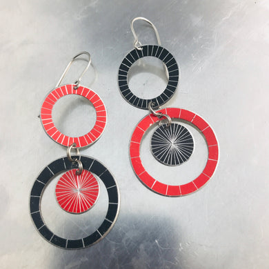 Black & Red Silver Starburst Multi Circles Upcycled Tin Earrings