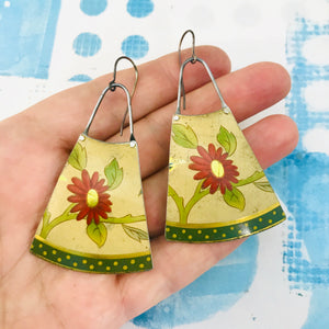 Red Gerber Daisies & Polka Dots Upcycled Tin Long Fans Earrings