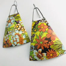 Load image into Gallery viewer, Orange-y Allover Flower Blossoms Upcycled Vintage Tin Long Fans Earrings