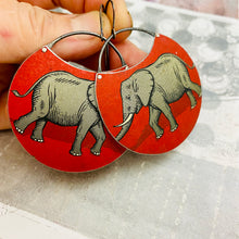 Load image into Gallery viewer, Elephants on Scarlet Circles Upcycled Tin Earrings
