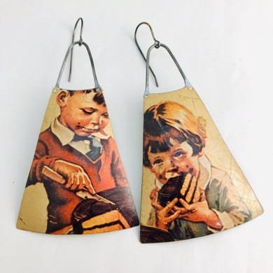 Hershey’s Chocolate Cake Kids Upcycled Vintage Tin Long Fans Earrings