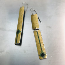 Load image into Gallery viewer, Mismatched Vintage Blue Diamonds on Cream Long Rectangle Tin Earrings