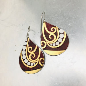 Dotted Spirals on Maroon Upcycled Teardrop Tin Earrings