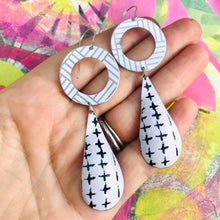 Load image into Gallery viewer, Mixed Black &amp; White Patterns Upcycled Vintage Tin Long Teardrops Earrings
