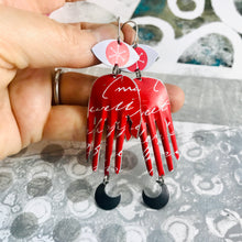 Load image into Gallery viewer, Red Cursive Hand Talisman Zero Waste Tin Earrings