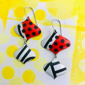 Black and White and Red Mixed Pattern Rex Ray Zero Waste Tin Earrings