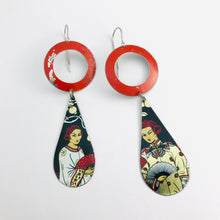 Load image into Gallery viewer, Bright Red Ring Asian Ladies Upcycled Vintage Tin Long Teardrops Earrings by Christine Terrell for adaptive reuse jewelry
