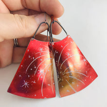 Load image into Gallery viewer, Fireworks on Red Upcycled Vintage Tin Long Fans Earrings