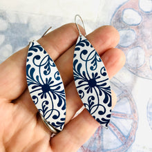 Load image into Gallery viewer, Blue Floral Pattern Upcycled Tin Leaf Earrings
