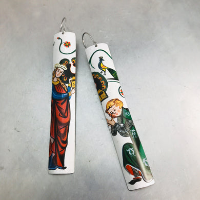 Lord and Lady in Red Long Narrow Tin Earrings