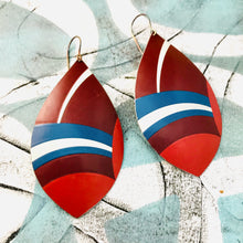 Load image into Gallery viewer, Mixed Red White and Blue Upcycled Long Pod Tin Earrings