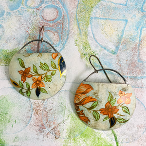 Vintage Orange Flowers Upcycled Circle Earrings