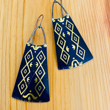 Load image into Gallery viewer, Golden Diamonds on Midnight Blue Upcycled Tin Long Fans Earrings