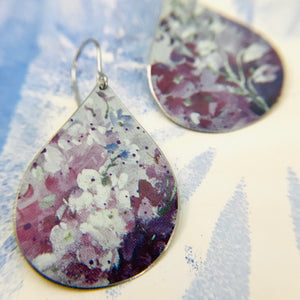 Purple & White Lupines Upcycled Teardrop Tin Earrings