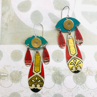 Vintage Scarlet & Gold Mati Tin Chandelier Earrings