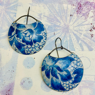 Watery Blue Flower Circles Upcycled Tin Earrings