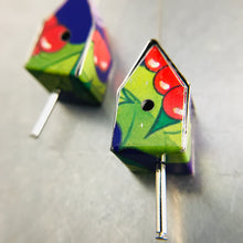 Load image into Gallery viewer, Red Berries and Purple Tiny Tin Birdhouse Earrings