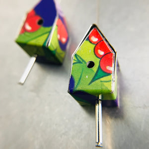 Red Berries and Purple Tiny Tin Birdhouse Earrings