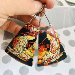 Japanese Tea Ceremony Upcycled Tin Long Fans Earrings