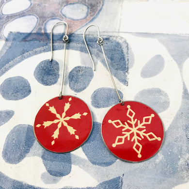 Snowflakes on Red Large Circles Tin Earrings