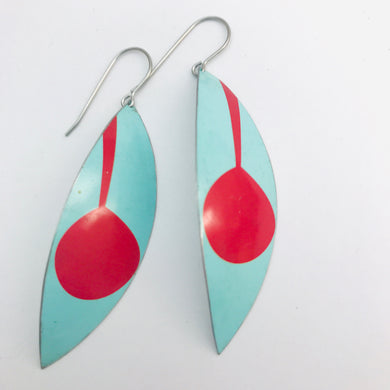Mod Aqua & Red Leaves Upcycled Tin Earrings