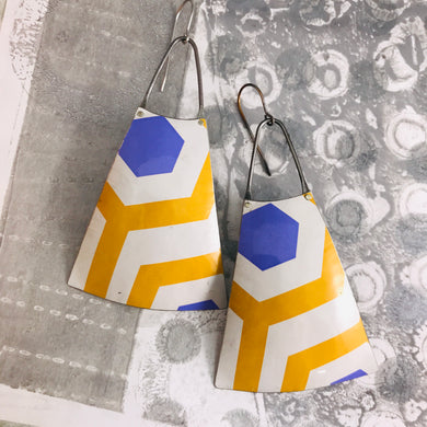 Big Mango Hex Pattern Upcycled Tin Long Fans Earrings